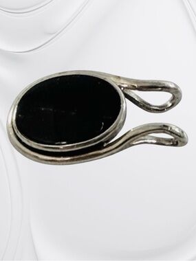 Vintage Sterling Silver 925 Black Onyx Stone Pendant Charm Oval Double Loop